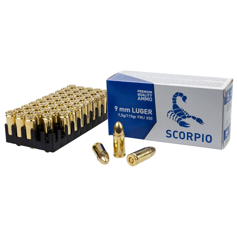 Load image into Gallery viewer, SCORPIO AMMO 9MM 115GR FMJ 50/1000 - STVS9MM115F - Marksmans Corner
